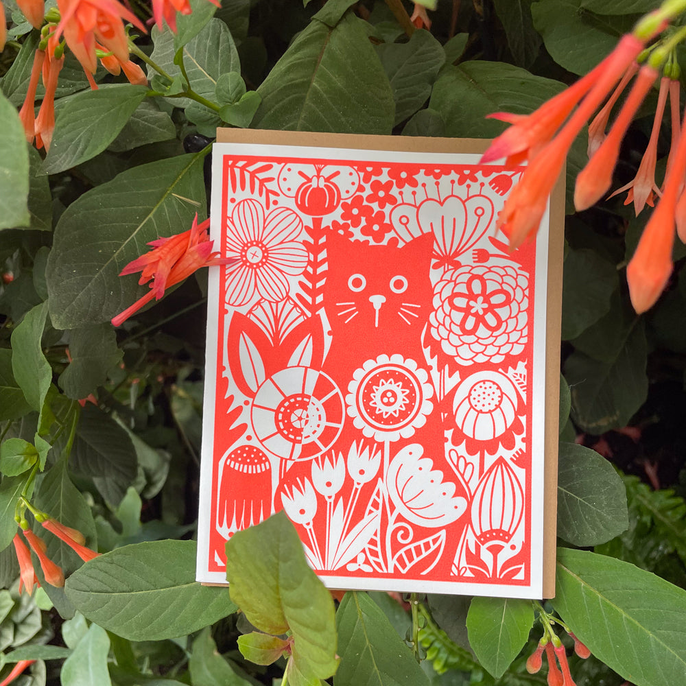 Cat in the Garden art card, blank greeting card for any occasion, scan ...