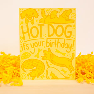 cute birthday card with different dachshunds dancing around