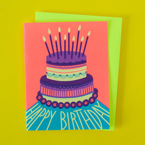 all-ages birthday card with a neon birthday cake on the front by exit343design