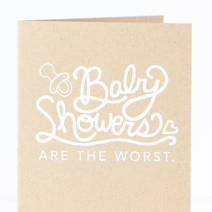sarcastic baby shower card in white ink on kraft brown paper by exit343design