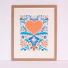 Folk heart art print, fraktur inspired art print, rectangle art for gallery wall, pink and blue wall art