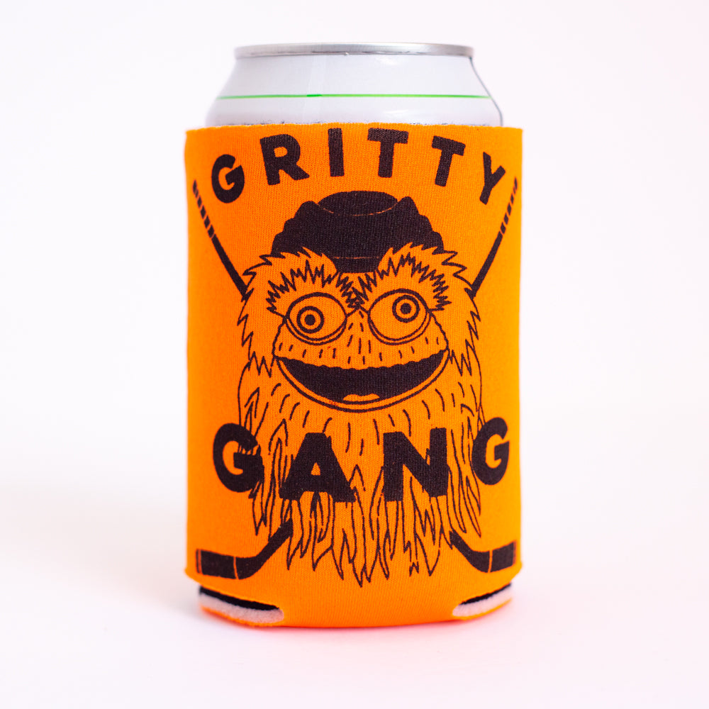 Gritty Gang drink coolie, Philadelphia hockey fan, Gritty mascot