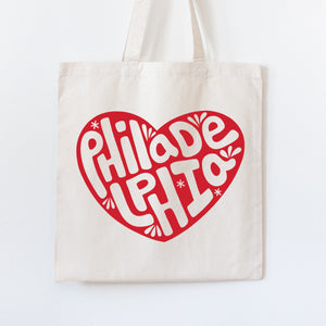 Tote bag with 'Philadelphia' design in a heart shape on a white background