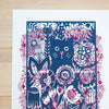 Cat In The Garden OOAK Art Print - Colorful Original Wall Art with Dark Magenta