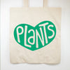 Plants Tote Bag- Handprinted Cotton Tote with green heart, plant lover gift idea