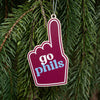 a phillie foam finger that says "go phils' in baby blue on maroon