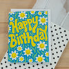 Sunny Daisy Happy Birthday Card- Retro Smiley Face Birthday Card