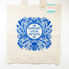 Beige tote bag with blue 'Support Local Artists' design on a white background