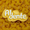 Yellow pasta with 'Al dente' logo overlay