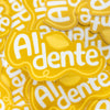 Stack of yellow 'Al dente' branded products with a clear background