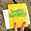 all-ages birthday card, yellow ochre birthday greeting card, illustrated birthday card