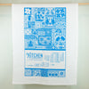 White towel with blue kitchen conversion chart design on a wooden rod.