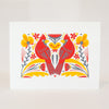 screenprint of two northern cardinals and folk flowers