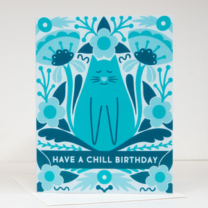 Blue cat illustration with floral elements and 'Have a Chill Birthday' text on a white background