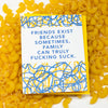 Card with humorous text surrounded by yellow pasta