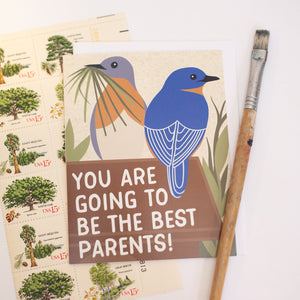 greeting card for new parents featuring a pair of eastern bluebirds