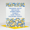 Card with blue and yellow abstract patterns and humorous text on a white background