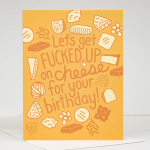 Greeting card with cheese-themed illustrations and text on a yellow background