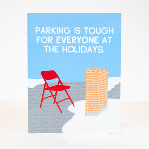 funny city santa christmas card with parking folding chair