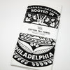 Cotton towel with black and white design and text on a white background