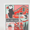 Poster with illustrations of a puffin, house, lighthouse, and other Maine-themed designs on a white background.
