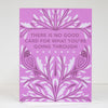 Purple card with white floral design and text on a white background