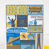 Postcard with Philadelphia-themed graphics and text on a white background