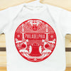 Philadelphia baby gift, Philly icons baby onesie, red Philadelphia souvenir baby bodysuit