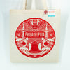 Philadelphia tote bag, red Philly icons tote bag featuring the Ben Franklin Bridge