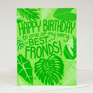 Green birthday card with leaf patterns and text on a white background