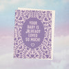 Greeting card with purple heart pattern and text on a gradient background