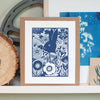 rabbit in a garden art print in blue ink by exit343design