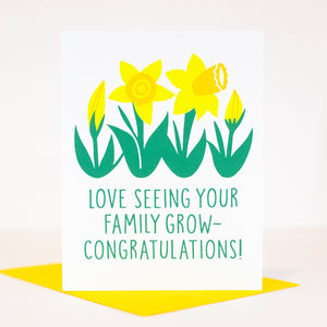 card for growing family with daffodils, card for second baby