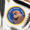 Sticker with a bird design and text 'Support Local Birds + Bugs' surrounded by feathers.