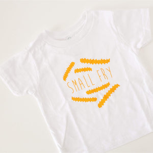small fry toddler tee with yellow french fries on white shirt
