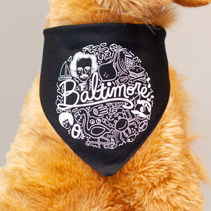 Baltimore icons dog bandanna in black with white ink