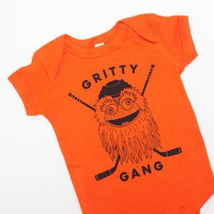 orange Gritty baby onesie for a Philadelphia hockey fan
