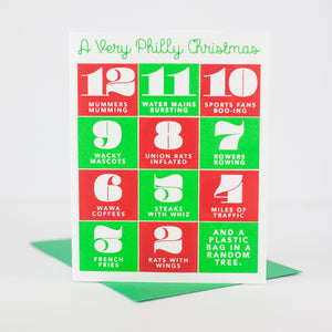 funny Philadelphia Christmas card, philly holiday card, 12 days of Philadelphia Christmas by exit343design