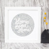 "home sweet home" art print in silver on white paper by exit343design