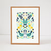three birds in a tree folk art print, floral art, petite print series by exit343design
