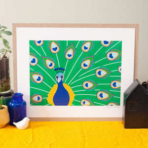 art print featuring an ornate stylized peacock illustration