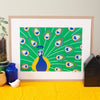 art print featuring an ornate stylized peacock illustration