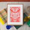 small folk art print for gallery wall in soft red ink
