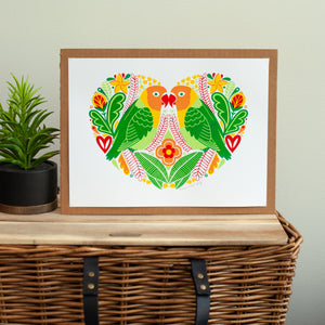 colorful lovebirds folk art print by exit343design