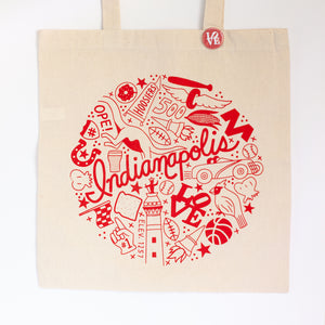 Indianapolis Indiana icons on a tote bag in red ink