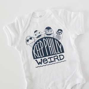 funny Philadelphia baby onesie featuring sports mascots Gritty, Big Shot, Iggy, and the Philly Phanatic