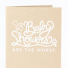 sarcastic baby shower card in white ink on kraft brown paper by exit343design