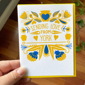 greeting card that says sending love from York Pennsylvania in blue and yellow