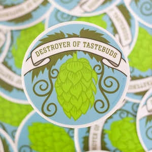 destroyer of tastebuds funny craft beer sticker with beer hop illustration