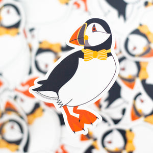 dapper puffin bird vinyl sticker, puffin in a bowtie sticker